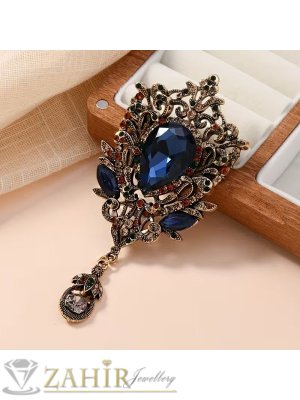 Уникално красива ретро брошка с големи сини и разноцветни малки кристали, основа старинно злато, размери 5 на 11 см - B1584